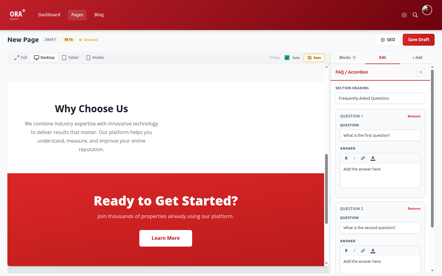 FAQ with rich text answer editors
