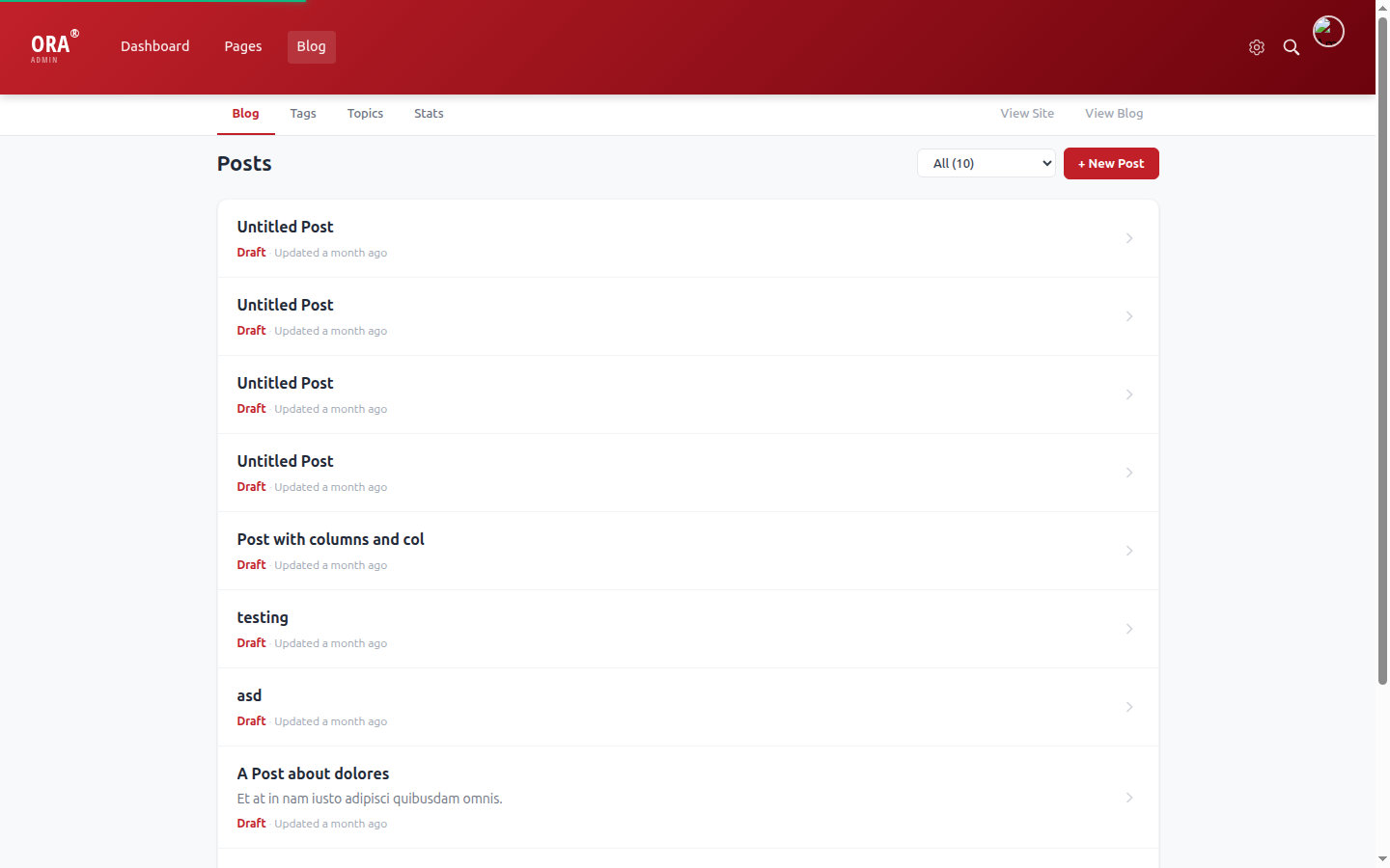 Blog sub-nav with View Site link